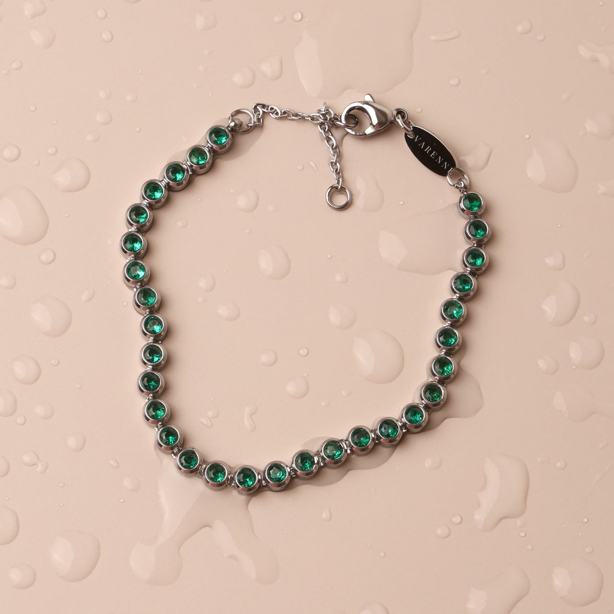 Bruce & Co Green Bezel-Set Tennis Bracelet, Adjustable Steel Chain