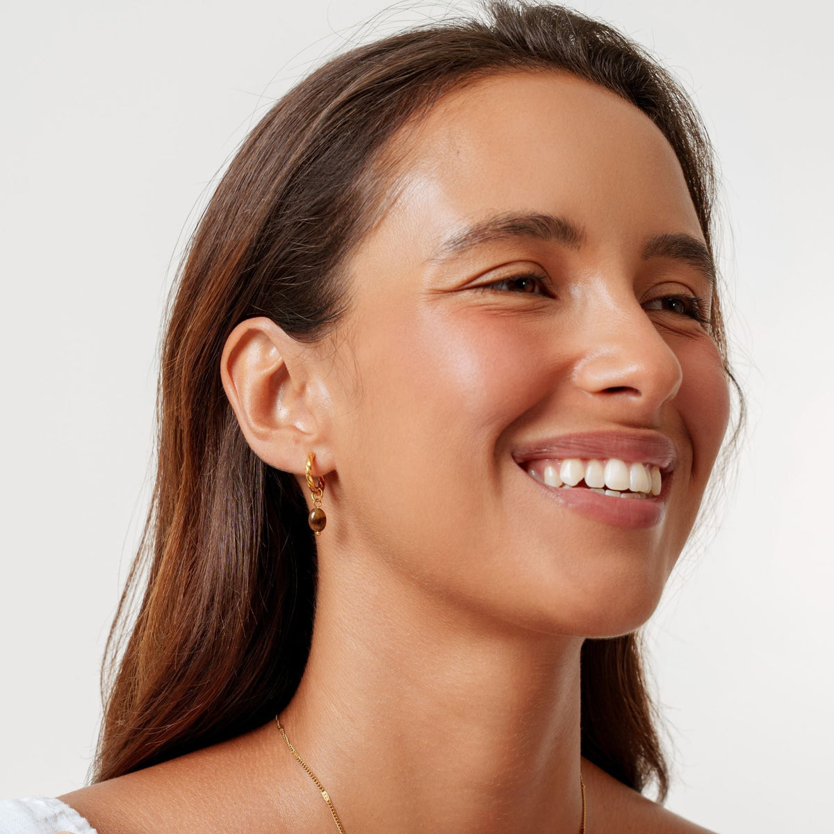 Bruce & Co Oval Tiger Eye Drop Huggie Hoop Earrings