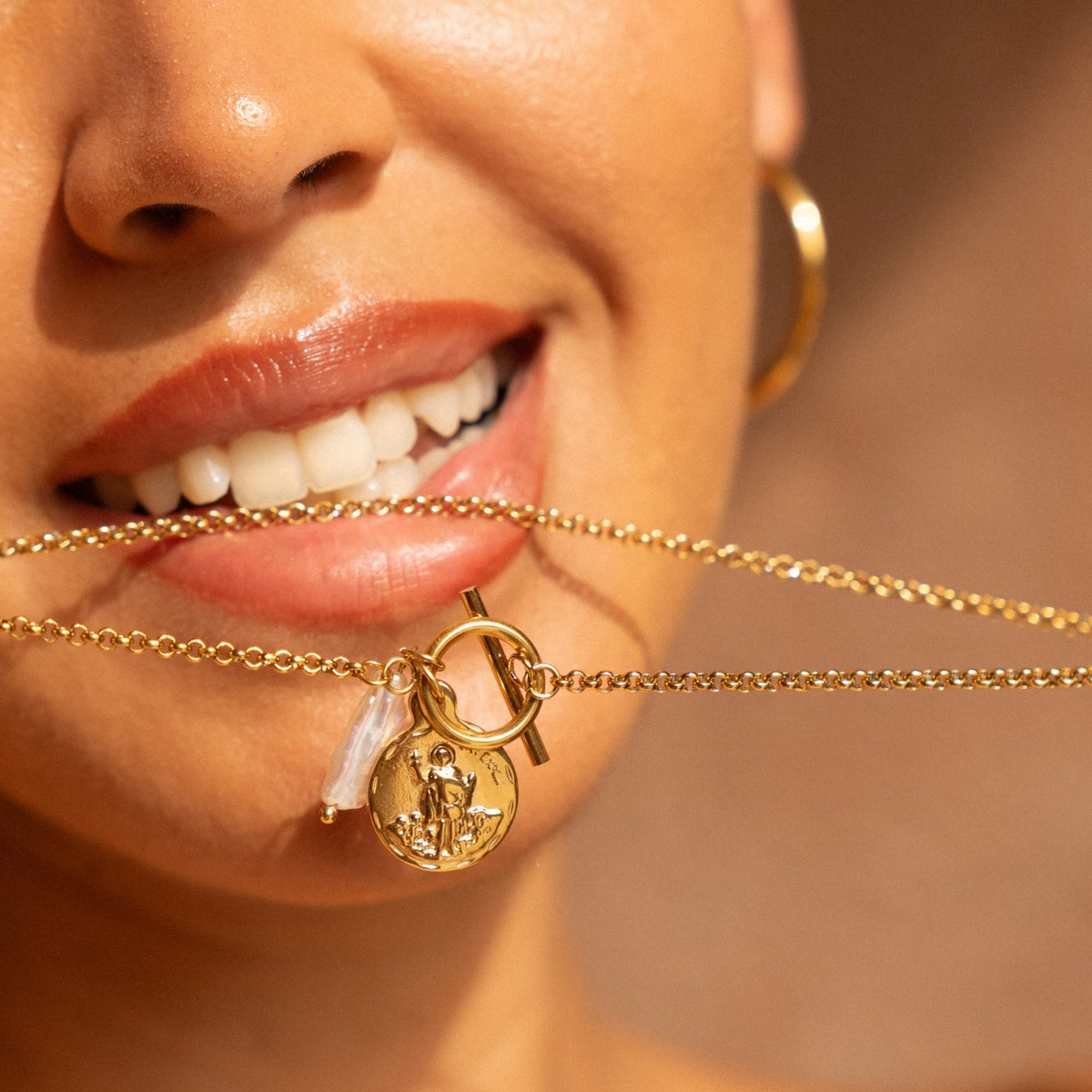 Bruce & Co Coin and Freshwater Pearl Necklace, 18K Gold PVD Steel