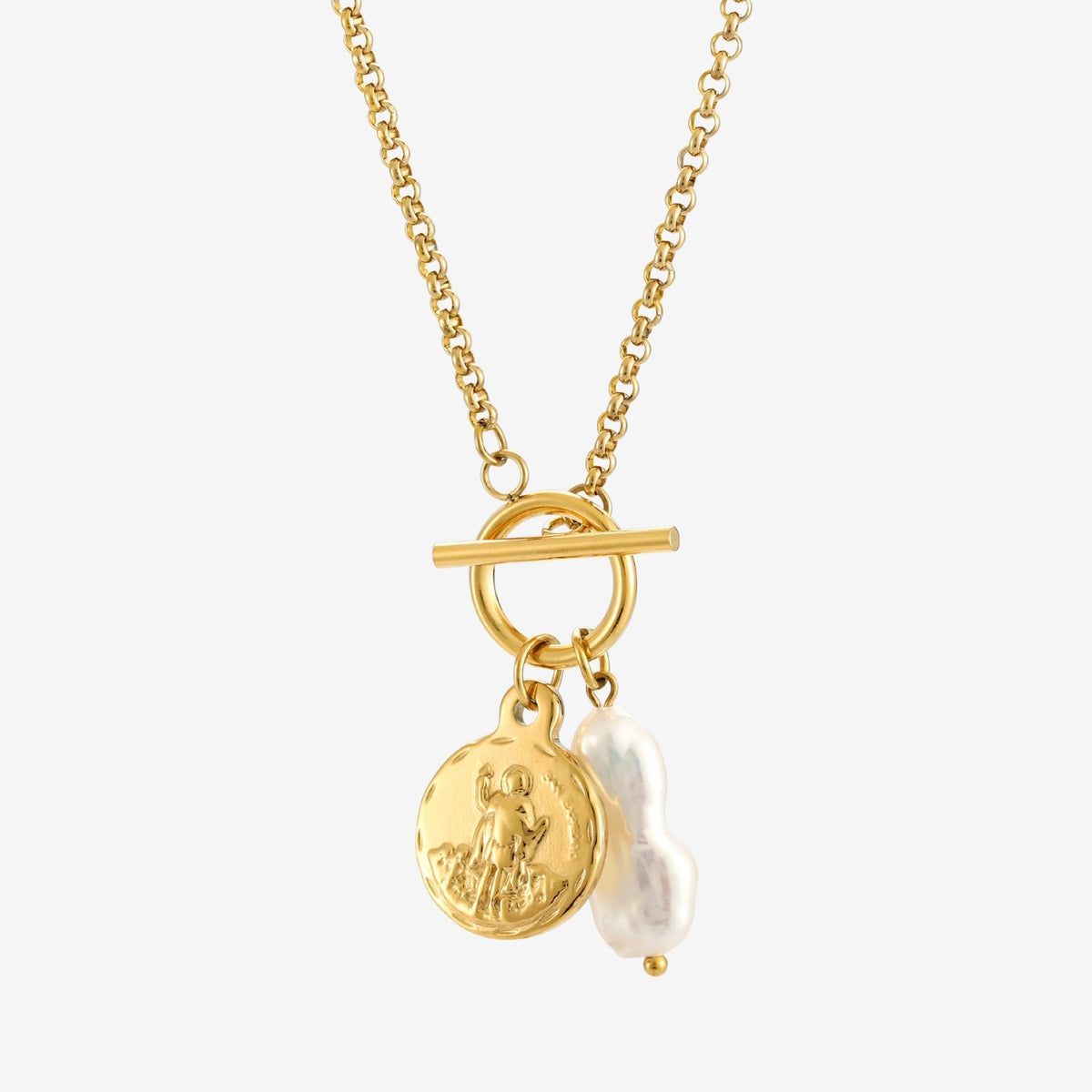 Bruce & Co Coin and Freshwater Pearl Necklace, 18K Gold PVD Steel