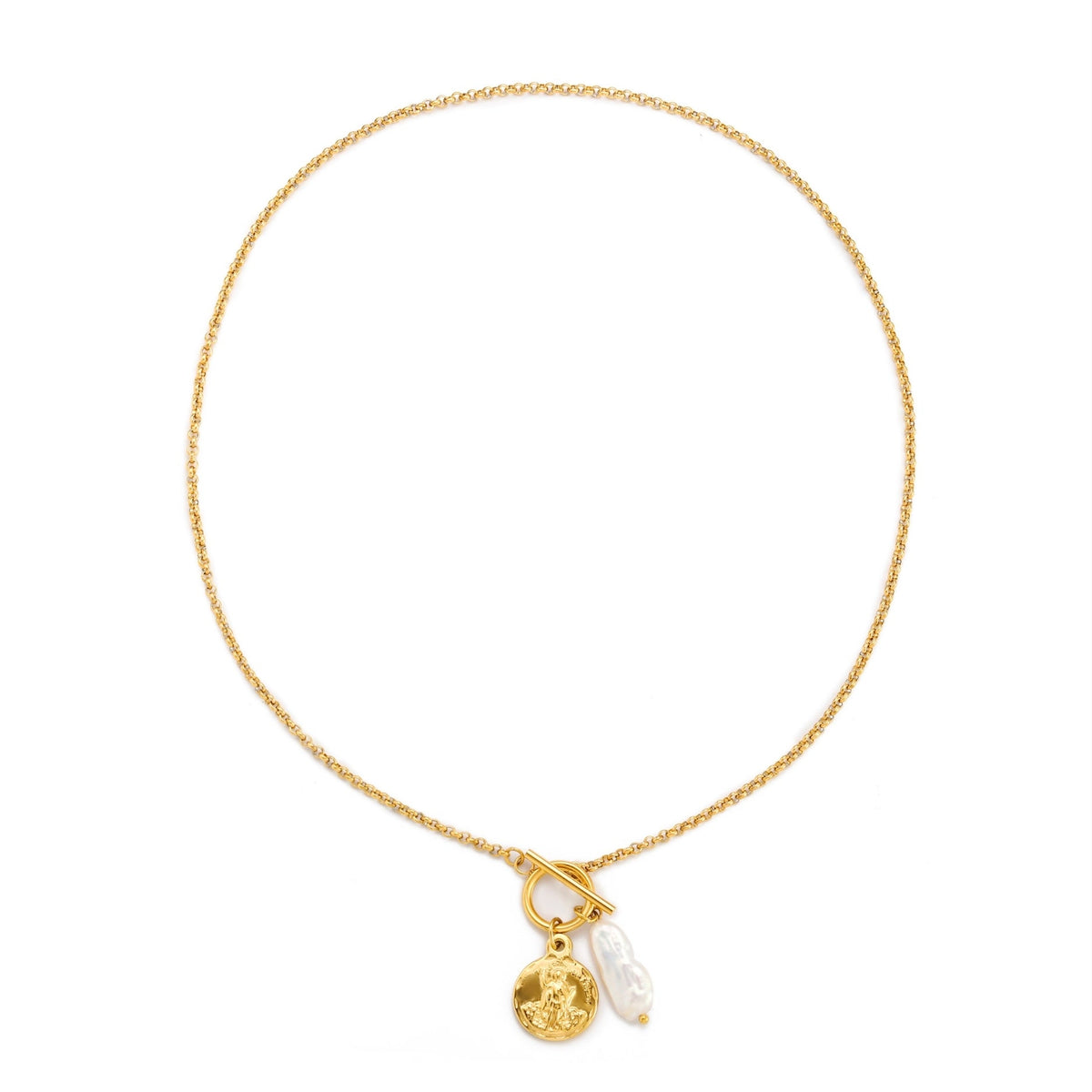 Bruce & Co Coin and Freshwater Pearl Necklace, 18K Gold PVD Steel