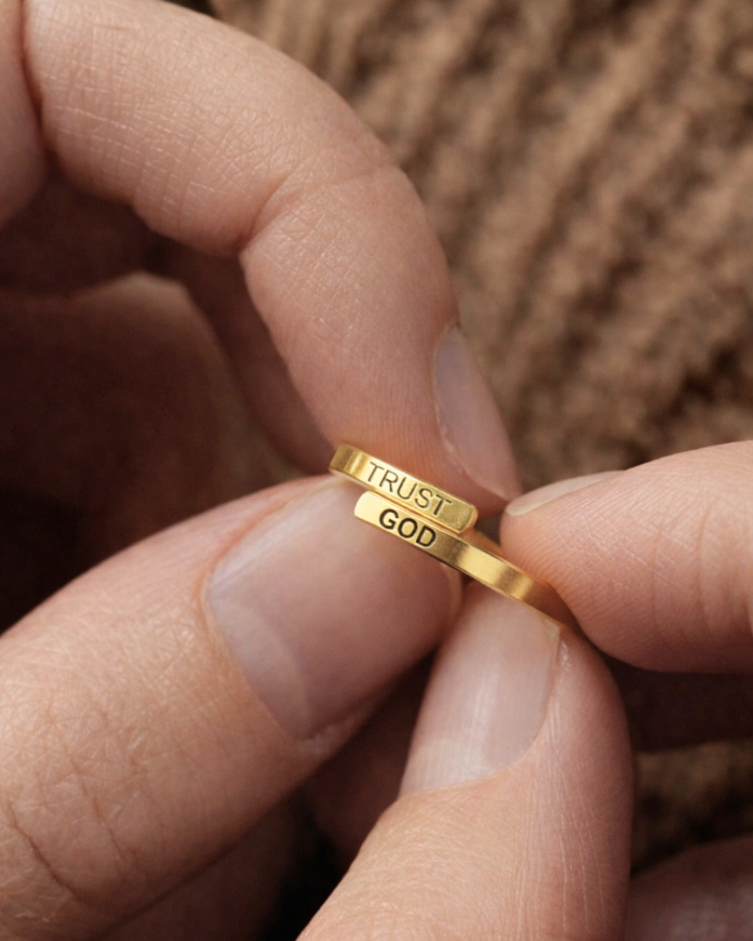 Bruce & Co Men’s Trust God Engraved Ring, 14K Gold-Plated Steel, Adjustable