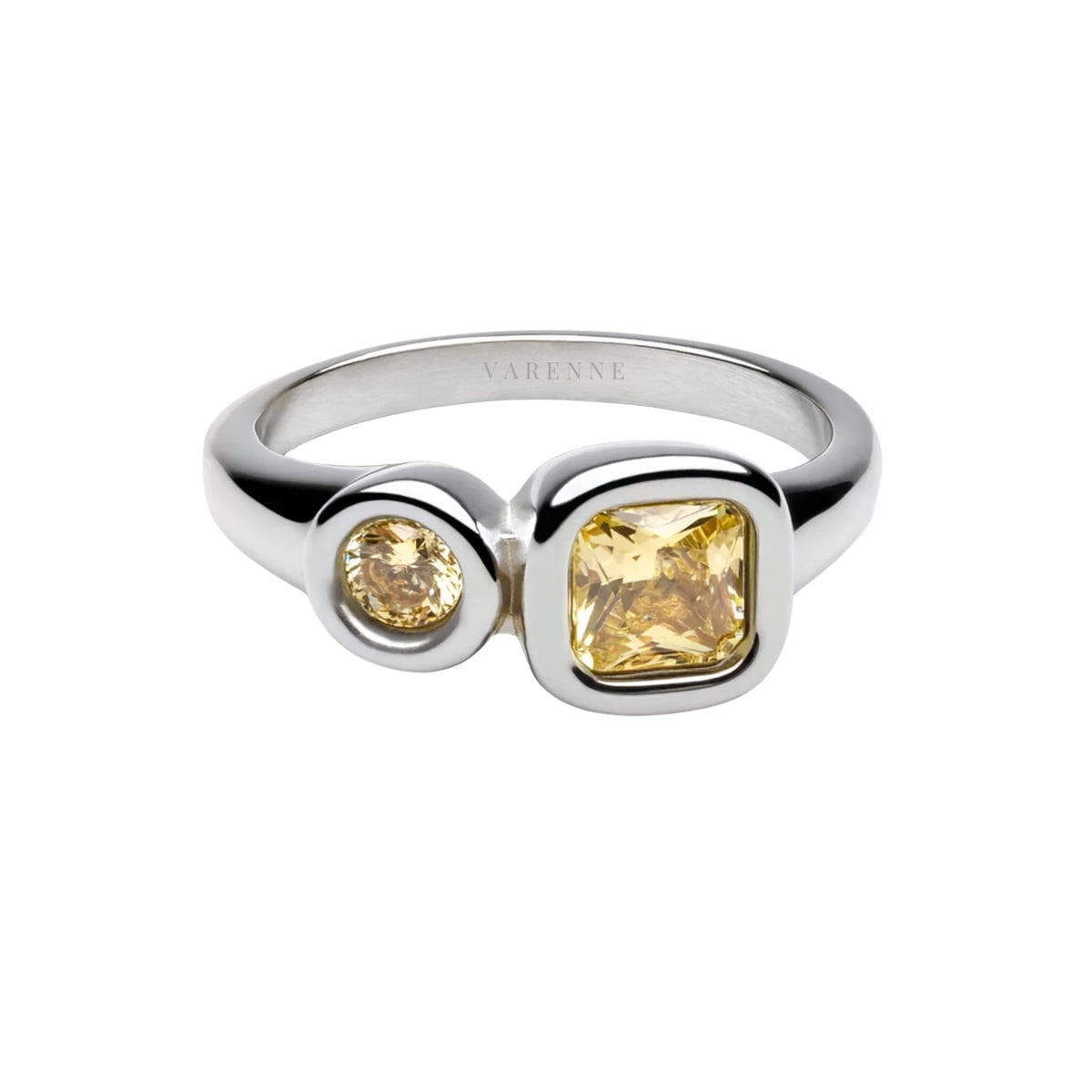 Yellow Zircon Two-Stone Swirl Ring, Stainless Steel — Zesty