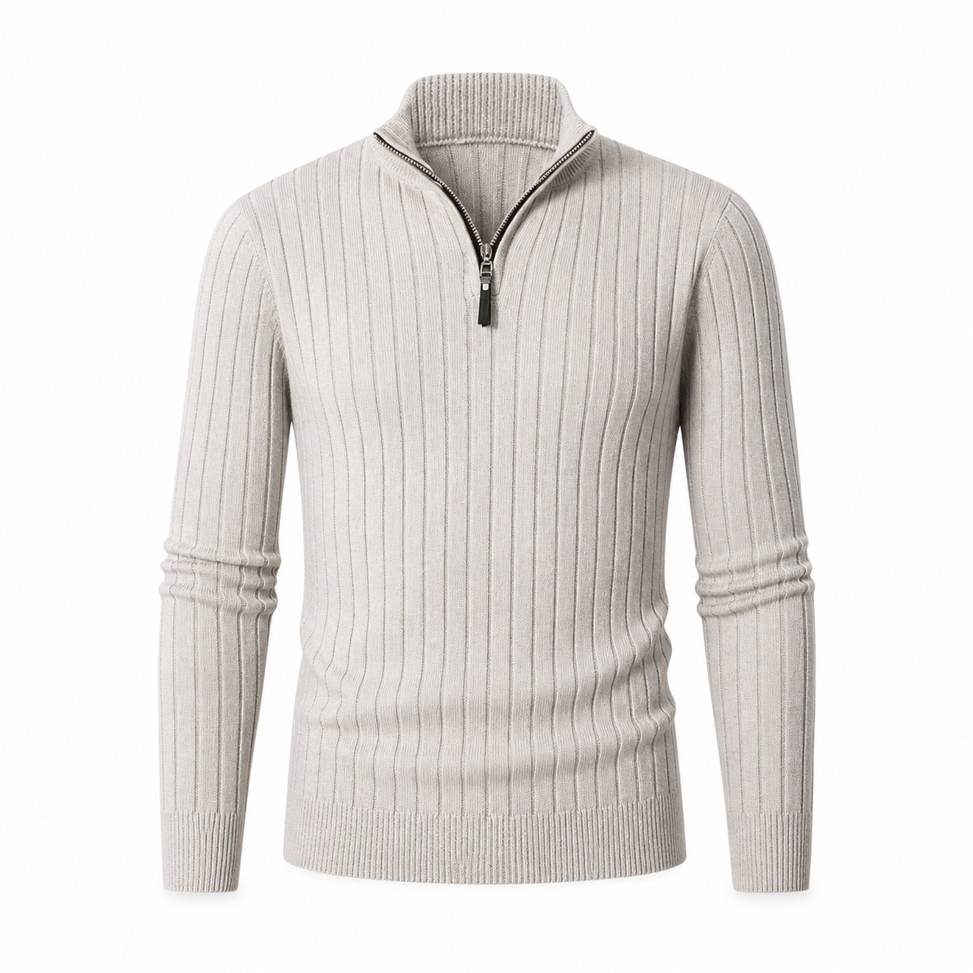 Urenor light gray ribbed high-collar half-zip sweater, front ghost mannequin view