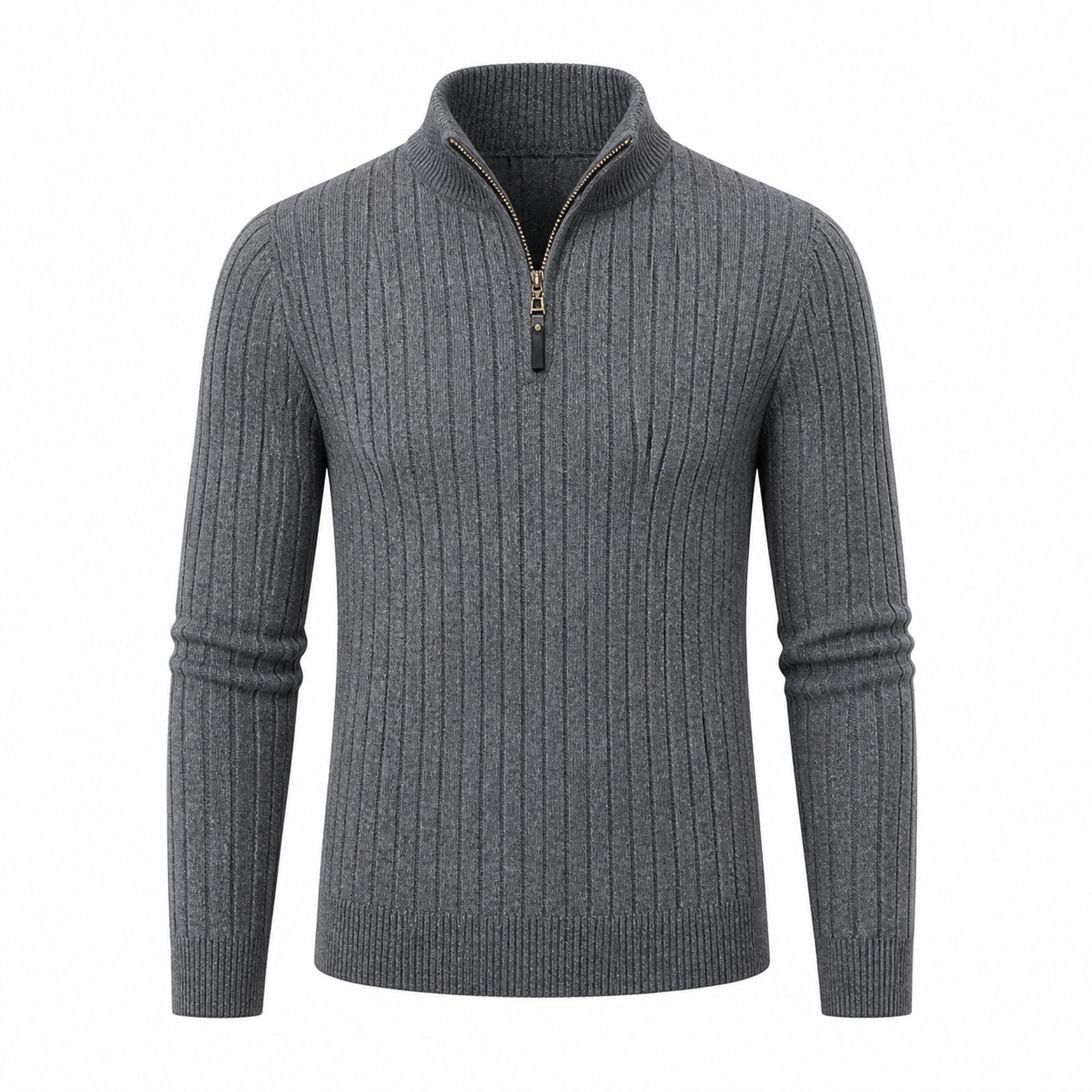 Urenor dark gray ribbed high-collar half-zip sweater, front ghost mannequin view