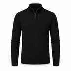 Urenor black ribbed high-collar half-zip sweater, front ghost mannequin view