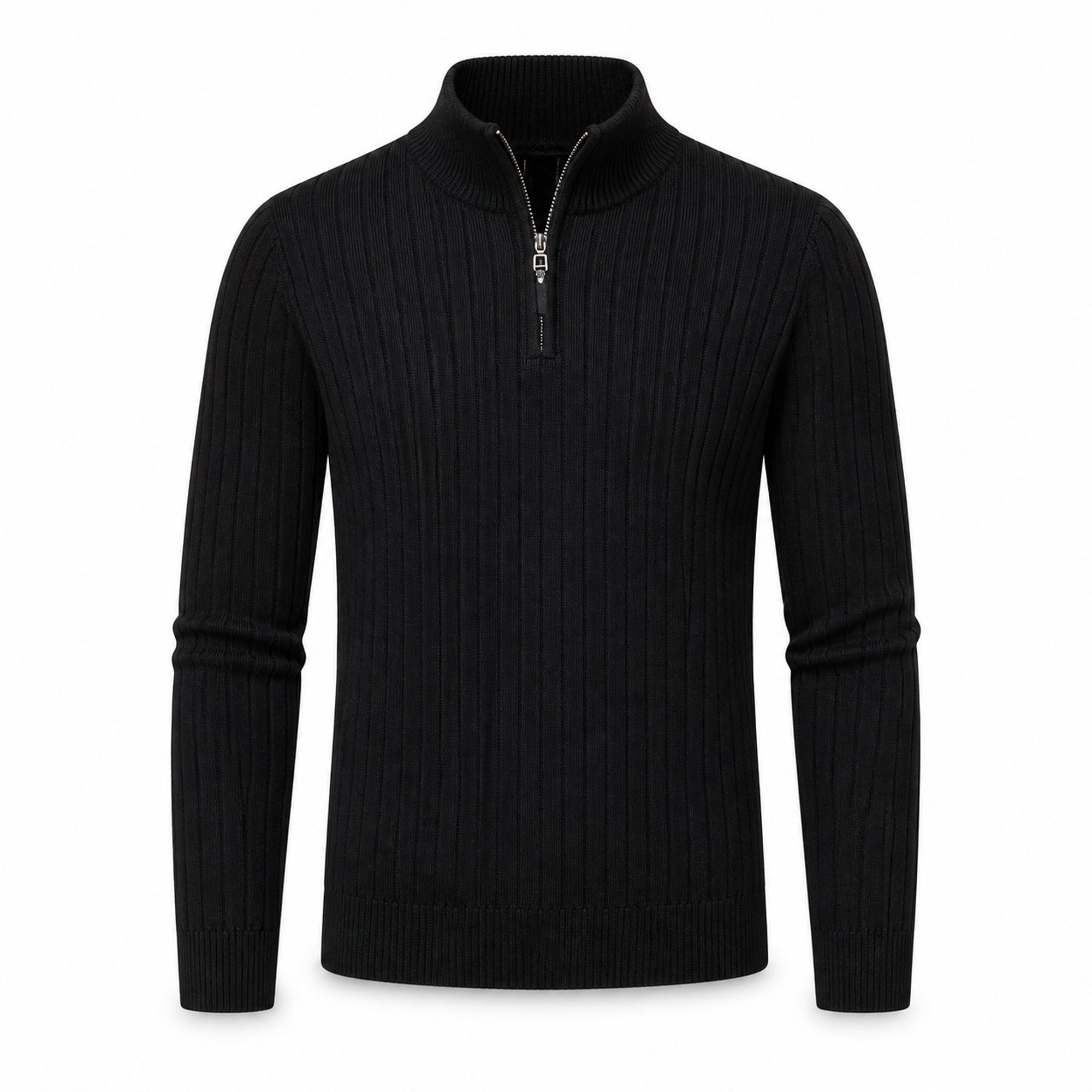 Urenor black ribbed high-collar half-zip sweater, front ghost mannequin view