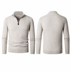 Urenor light gray ribbed half-zip sweater, front and back studio views