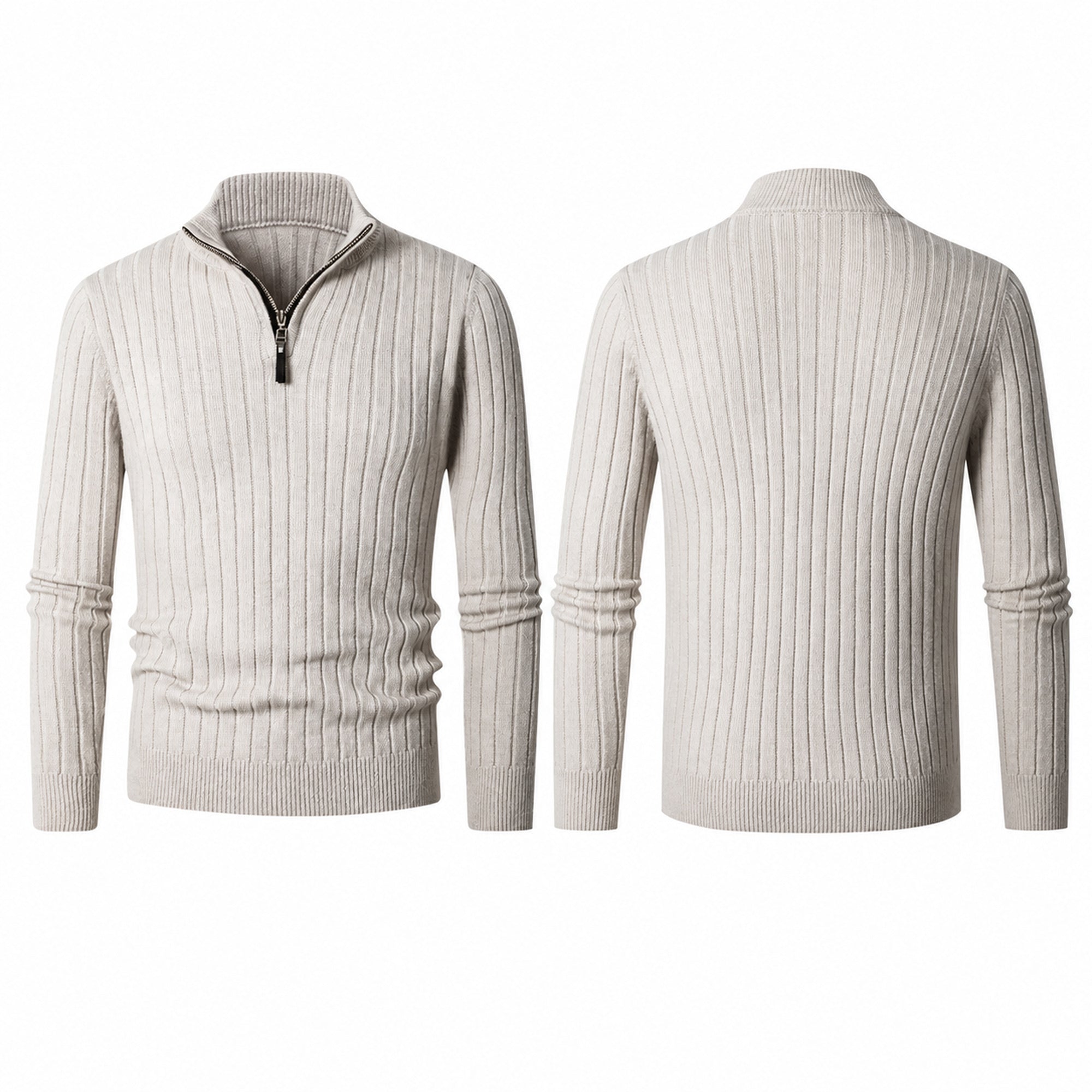 Urenor light gray ribbed half-zip sweater, front and back studio views