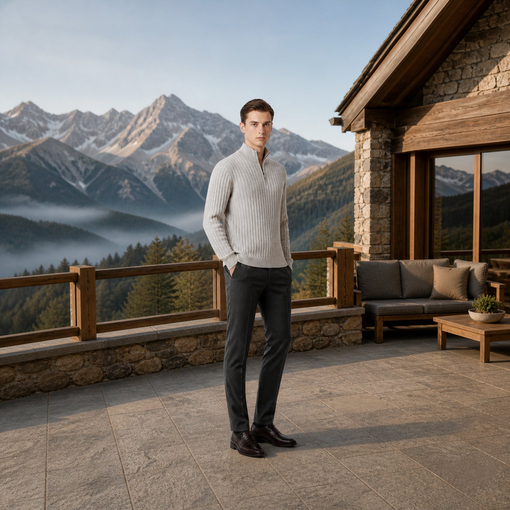 Urenor light gray sweater styled on an alpine lodge terrace