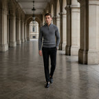 Urenor dark gray sweater styled in a European stone arcade
