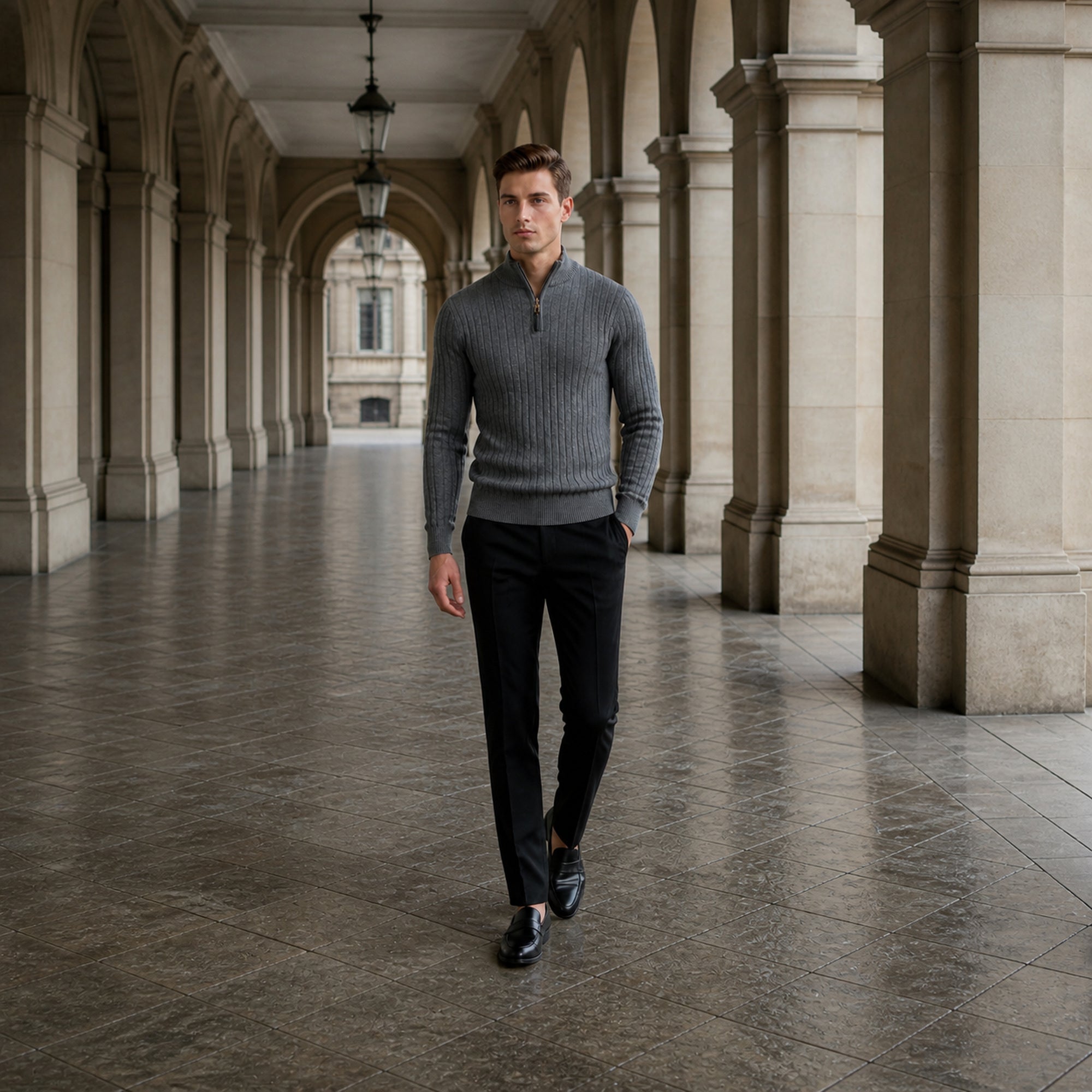 Urenor dark gray sweater styled in a European stone arcade
