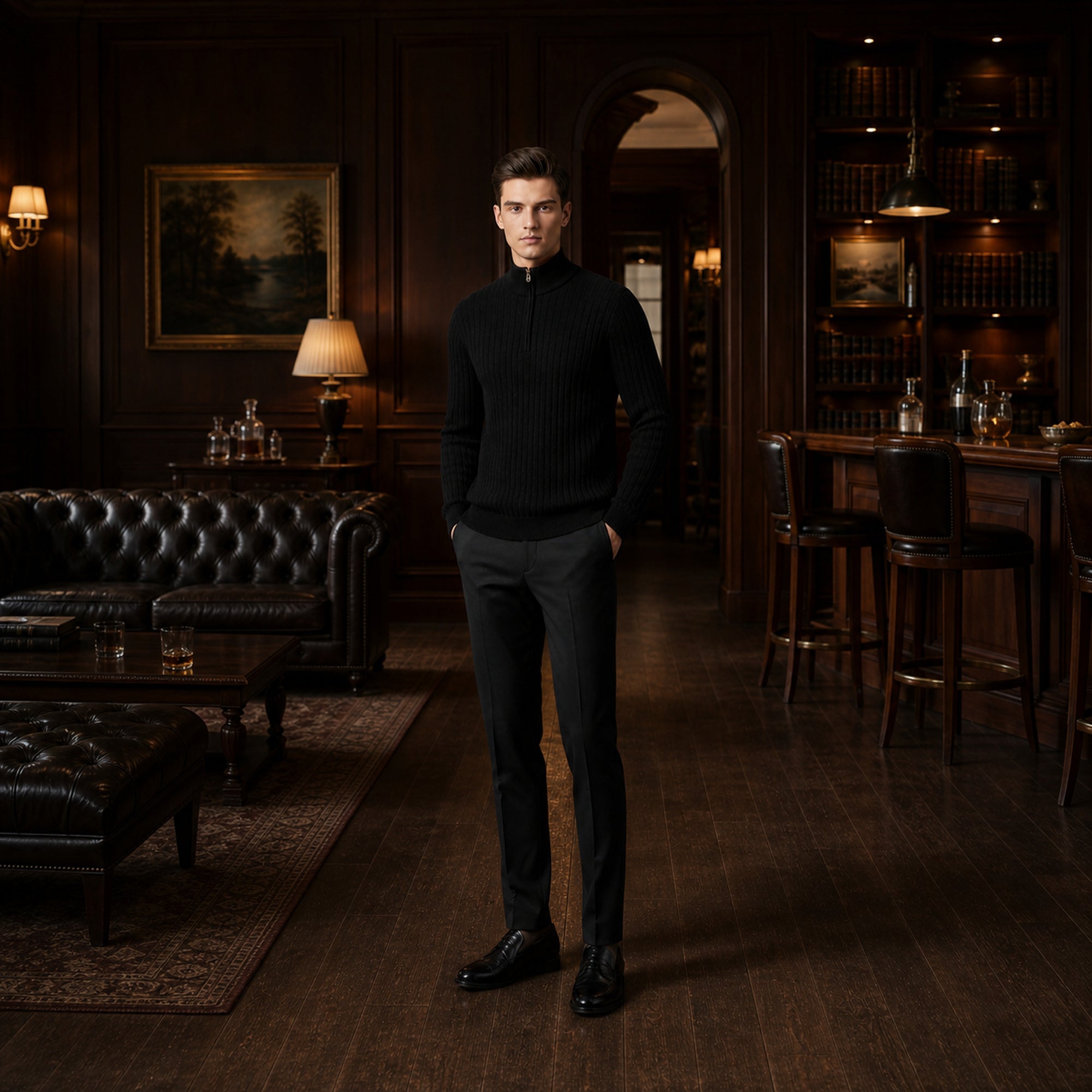 Urenor black sweater styled in a private club interior