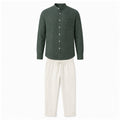 Urerino men's dark green band-collar shirt and off-white linen-blend trousers set — studio front