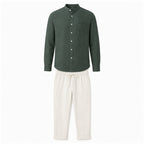 Urerino men's dark green band-collar shirt and off-white linen-blend trousers set — studio front