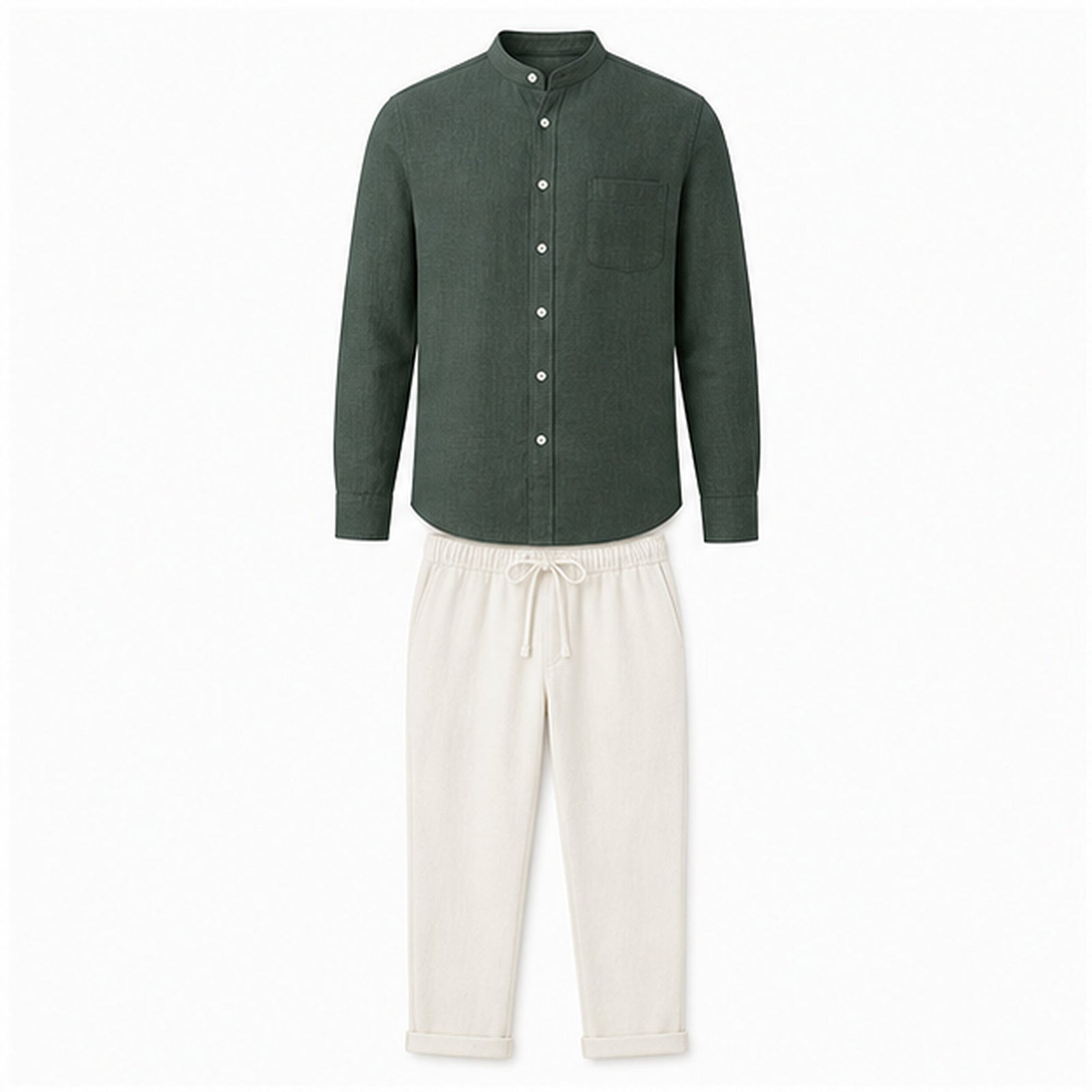 Urerino men's dark green band-collar shirt and off-white linen-blend trousers set — studio front
