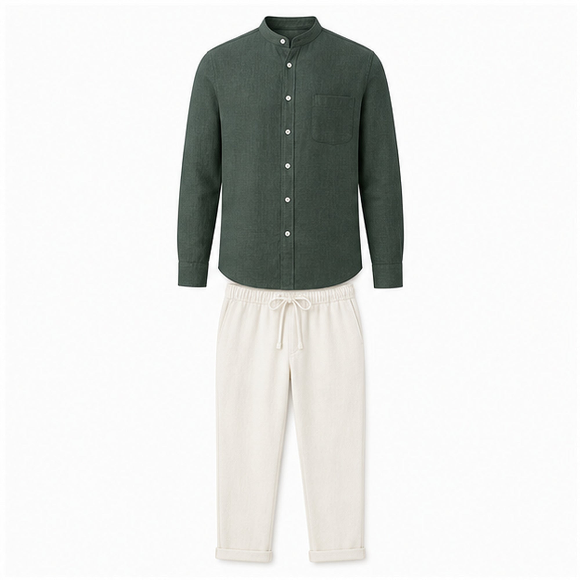 Urerino men's dark green band-collar shirt and off-white linen-blend trousers set — studio front