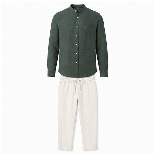 Urerino men's dark green band-collar shirt and off-white linen-blend trousers set — studio front