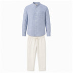 Urerino men's light blue band-collar shirt and off-white linen-blend trousers set — studio front