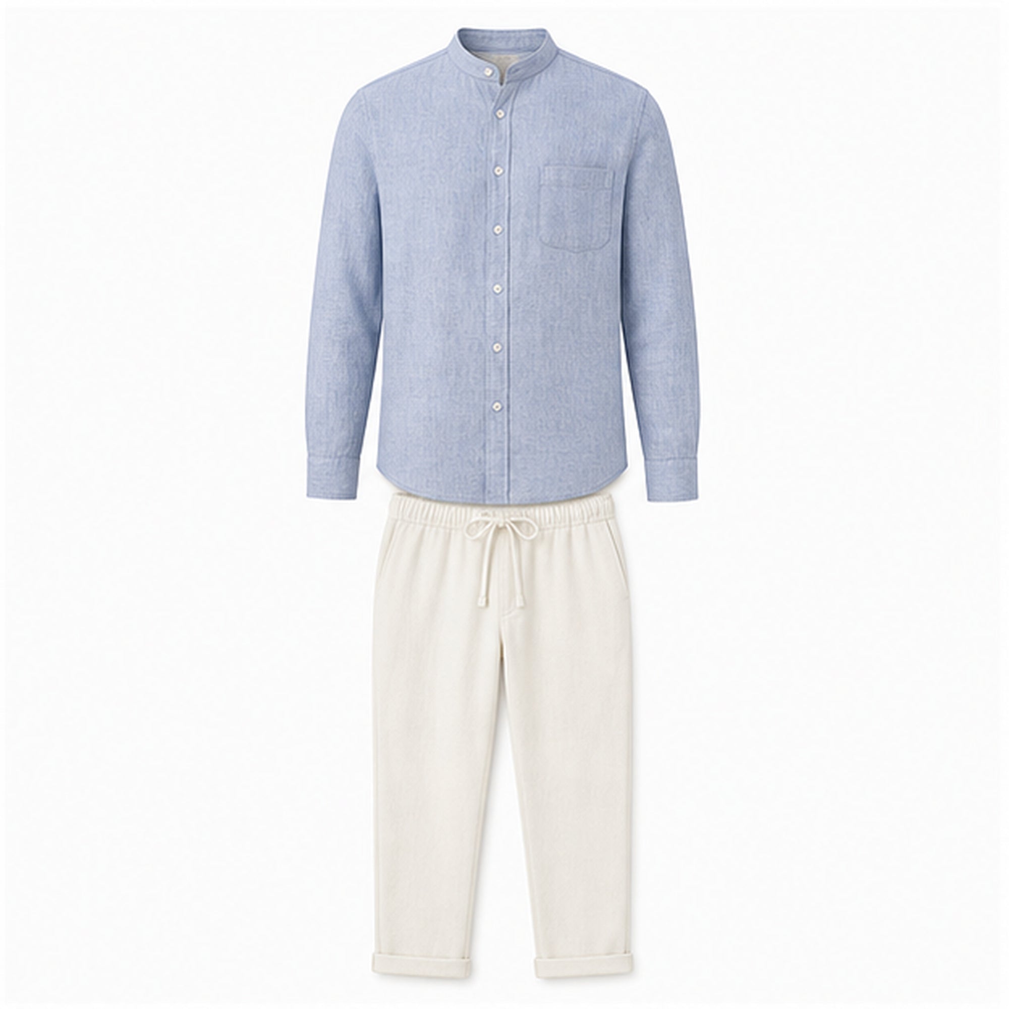 Urerino men's light blue band-collar shirt and off-white linen-blend trousers set — studio front