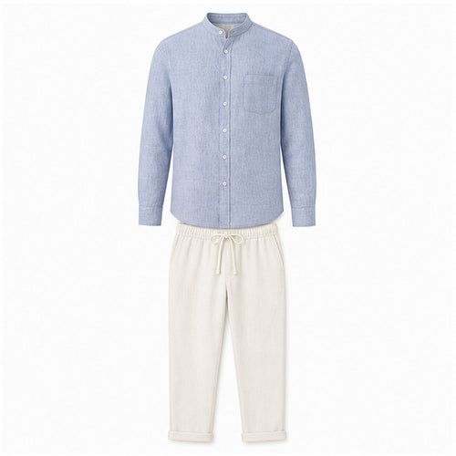 Urerino men's light blue band-collar shirt and off-white linen-blend trousers set — studio front