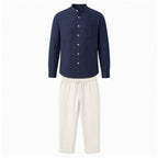Urerino men's navy band-collar shirt and off-white linen-blend trousers set — studio front
