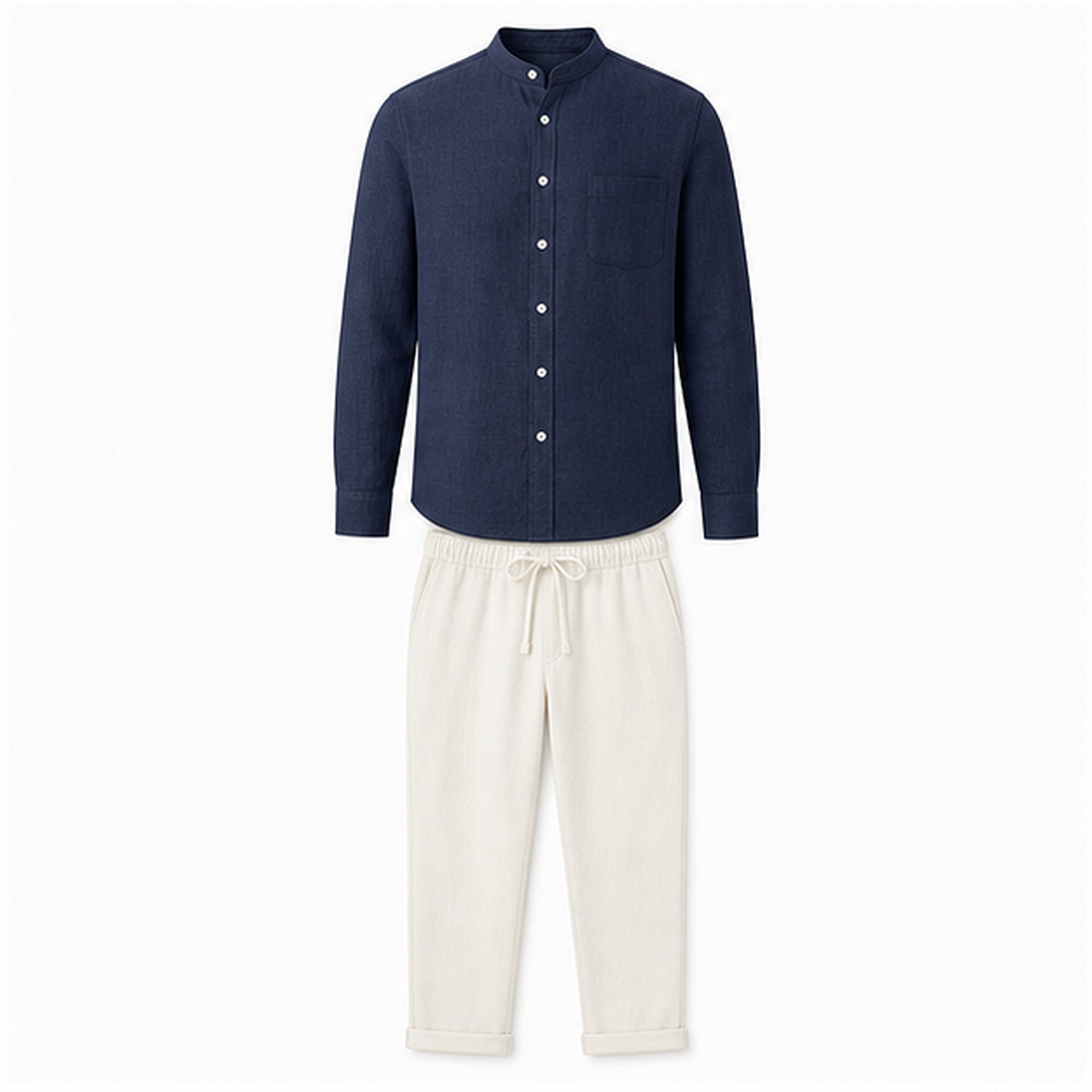 Urerino men's navy band-collar shirt and off-white linen-blend trousers set — studio front