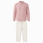 Urerino men's light pink band-collar shirt and off-white linen-blend trousers set — studio front