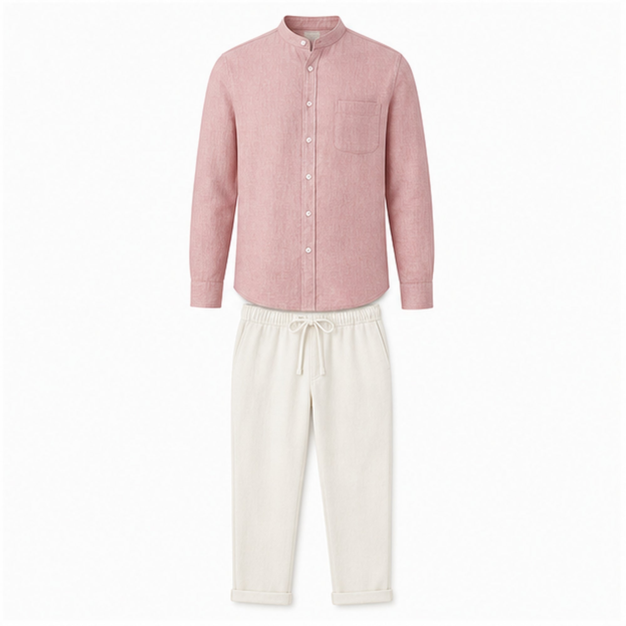 Urerino men's light pink band-collar shirt and off-white linen-blend trousers set — studio front