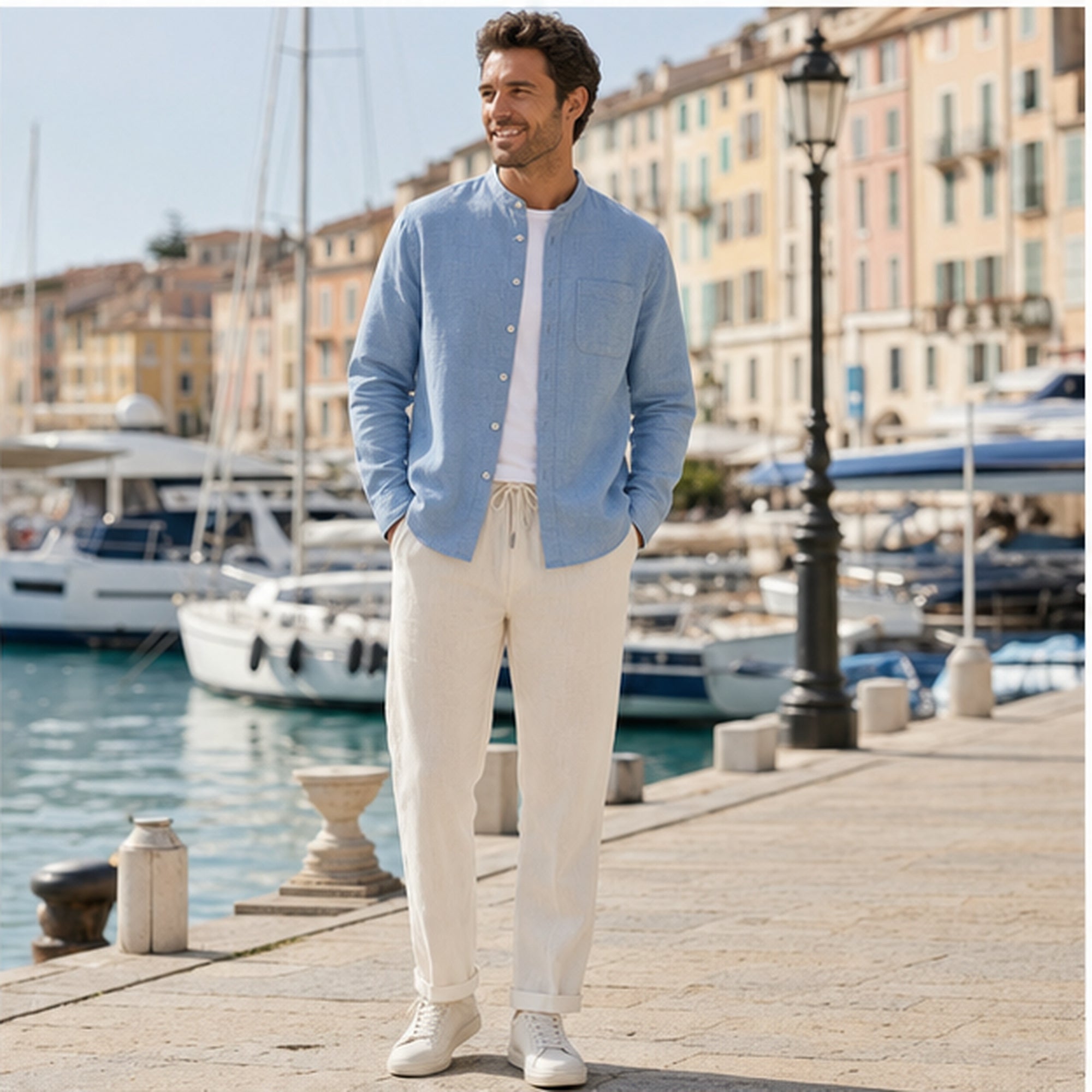 Urerino men's light blue shirt and off-white trousers at a marina