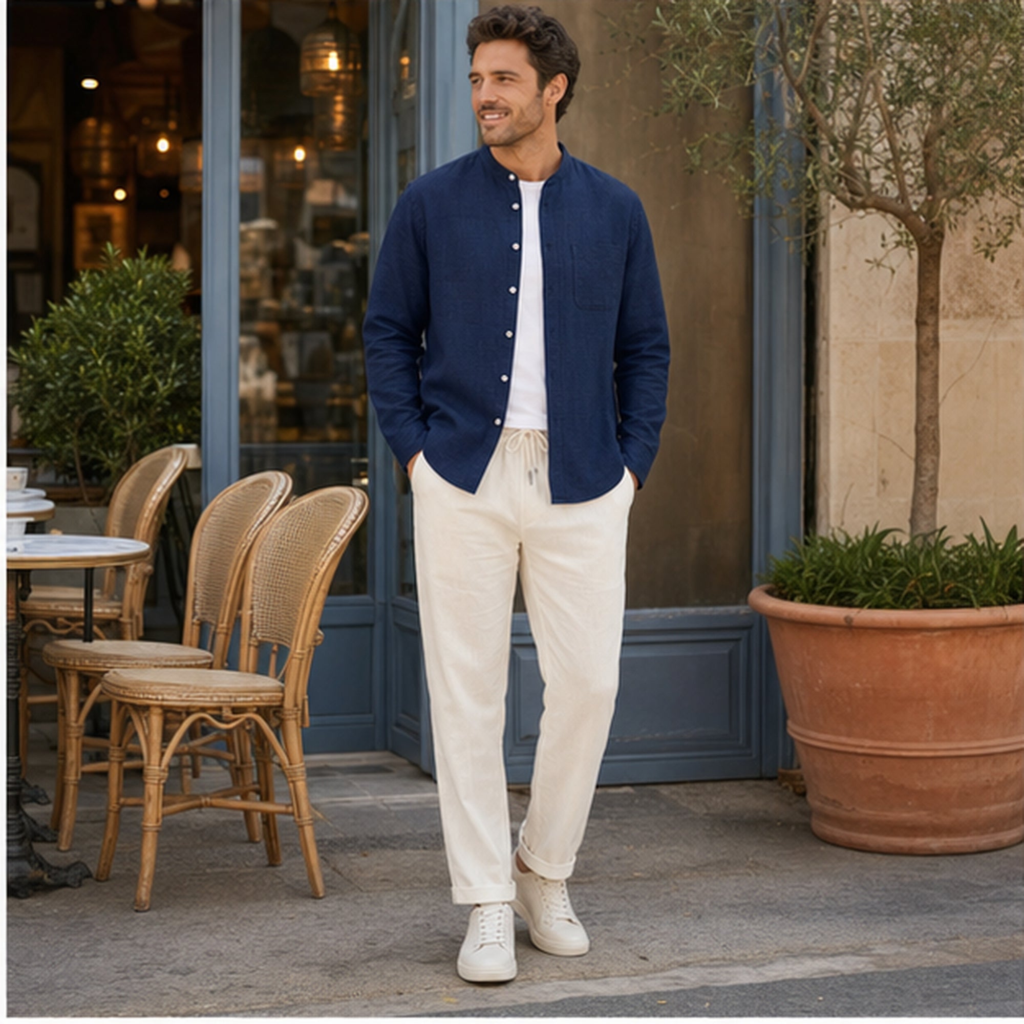 Urerino men's navy shirt and off-white trousers outside a coastal cafe
