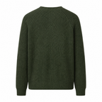 Rear view of the Urevento green cotton raglan sweater on white