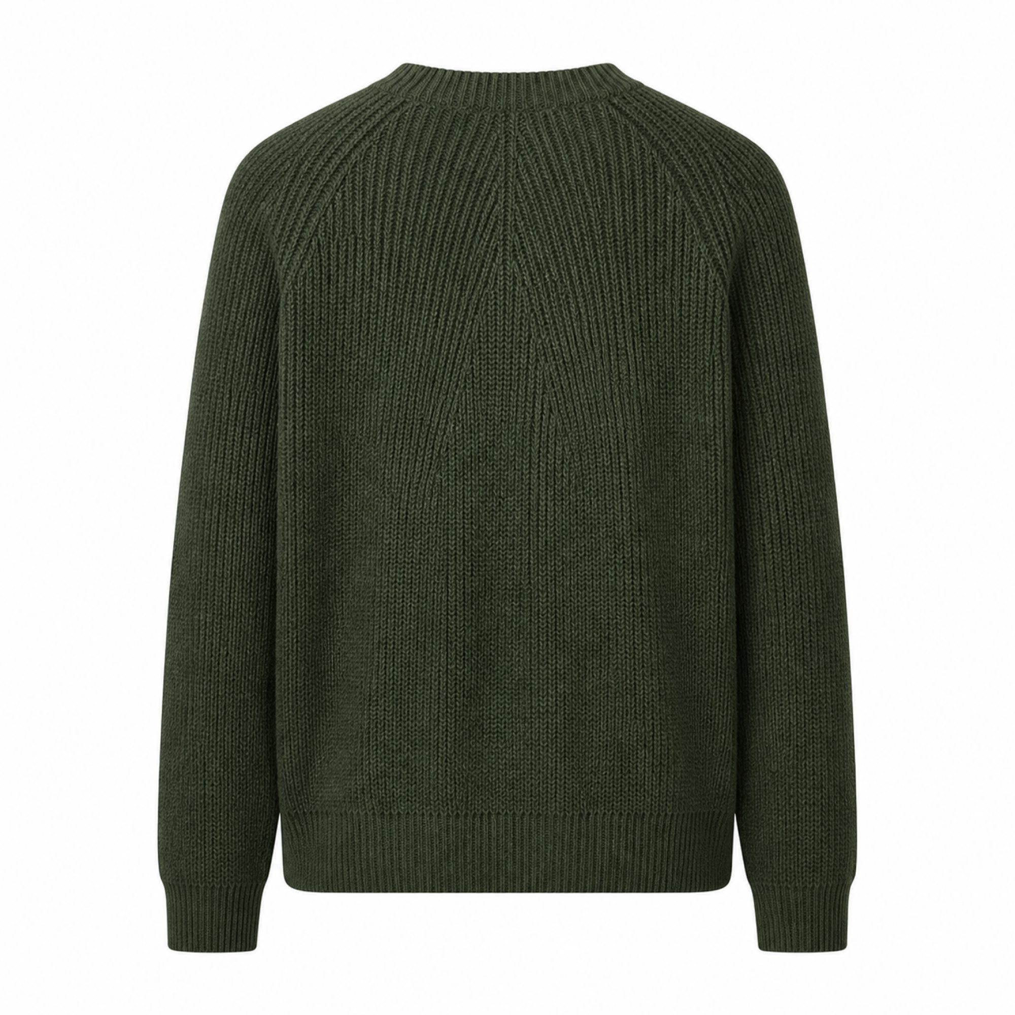 Rear view of the Urevento green cotton raglan sweater on white