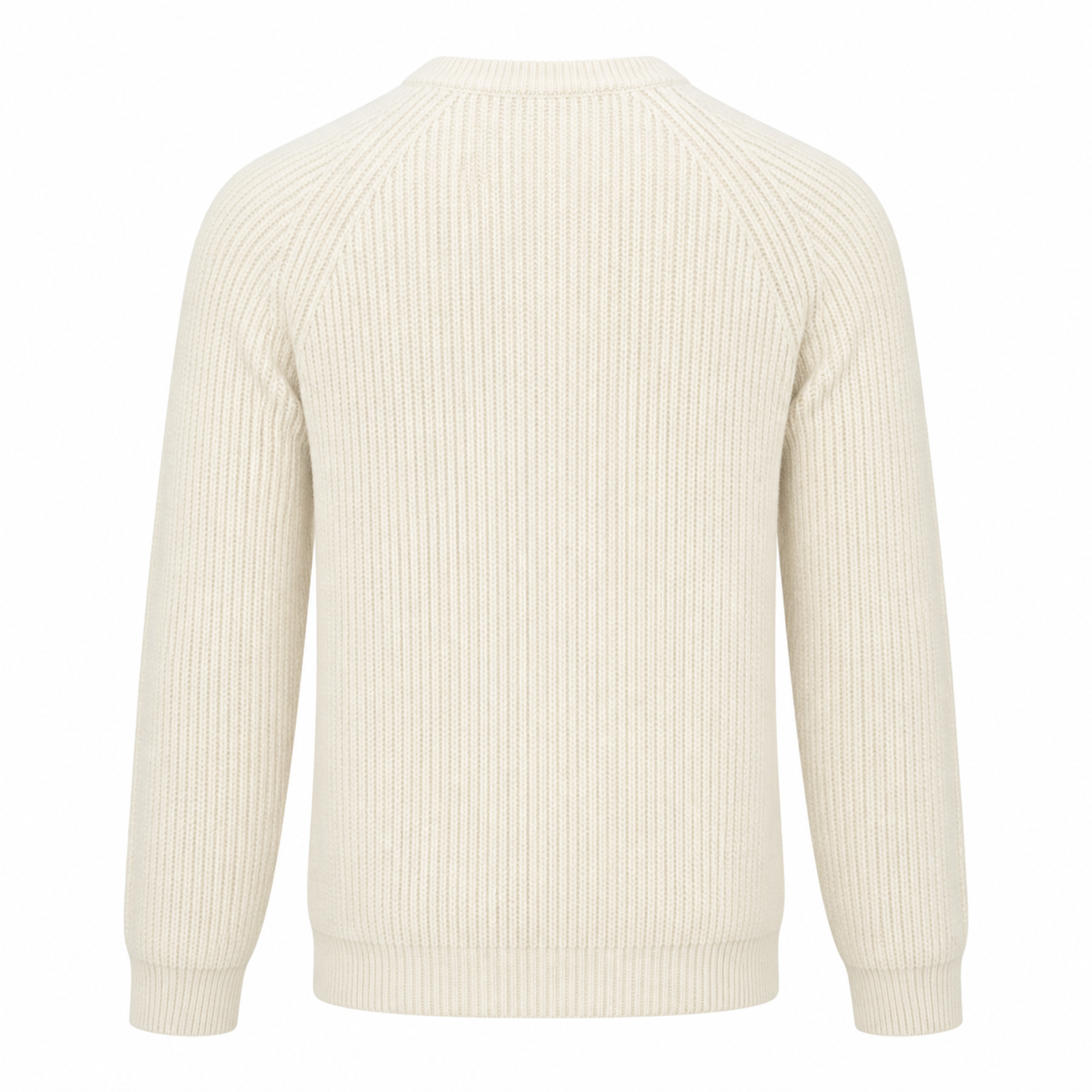 Rear view of the Urevento white cotton raglan sweater on white