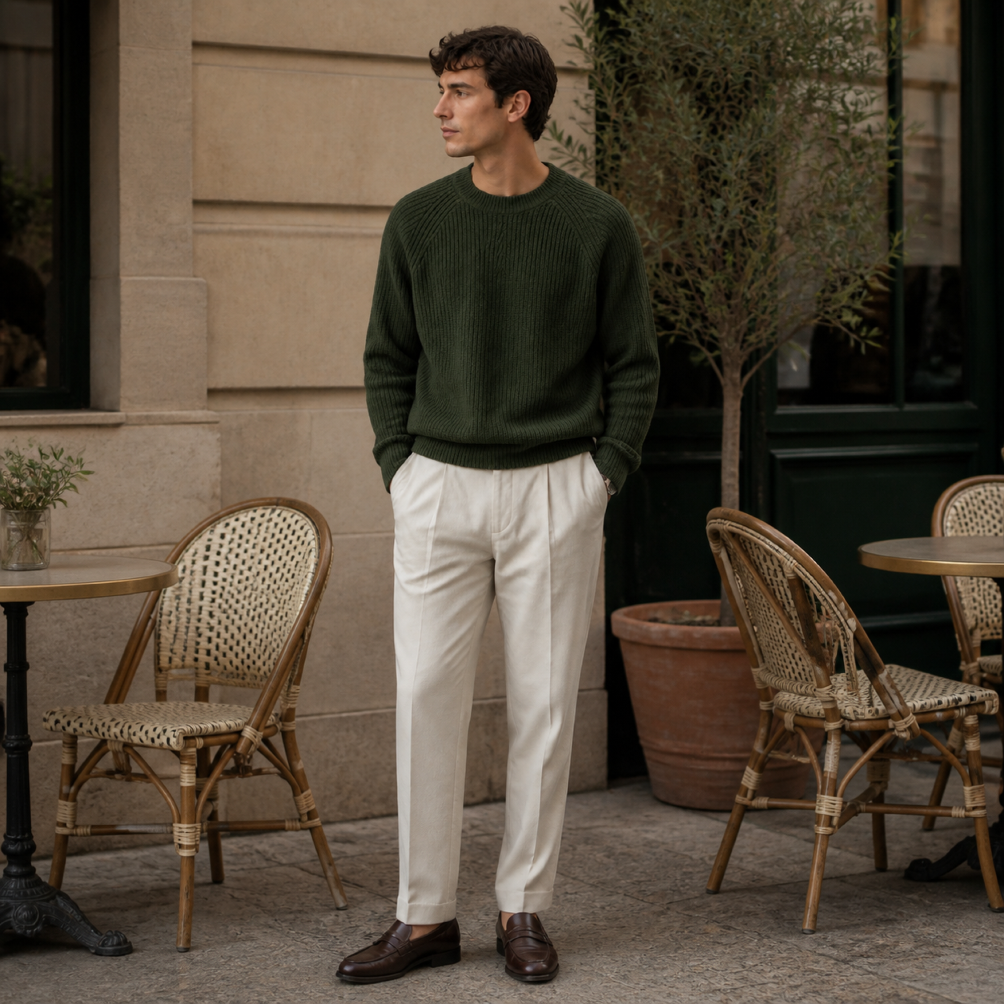Man wearing the green Urevento sweater at a European cafe terrace