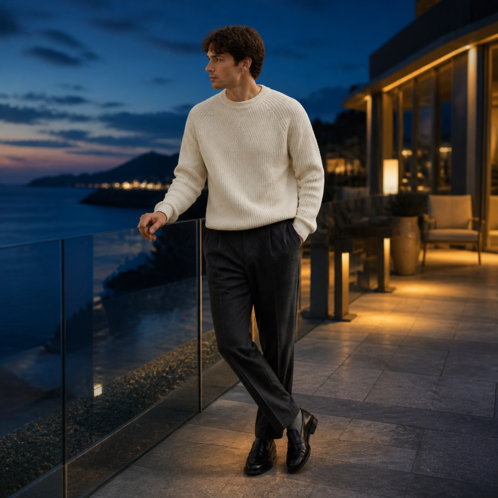 Man wearing the white Urevento sweater on a coastal rooftop at blue hour