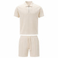 Valelian beige zip-polo and drawstring shorts set, front studio view