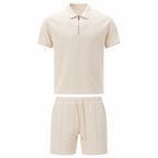 Valelian beige zip-polo and drawstring shorts set, front studio view