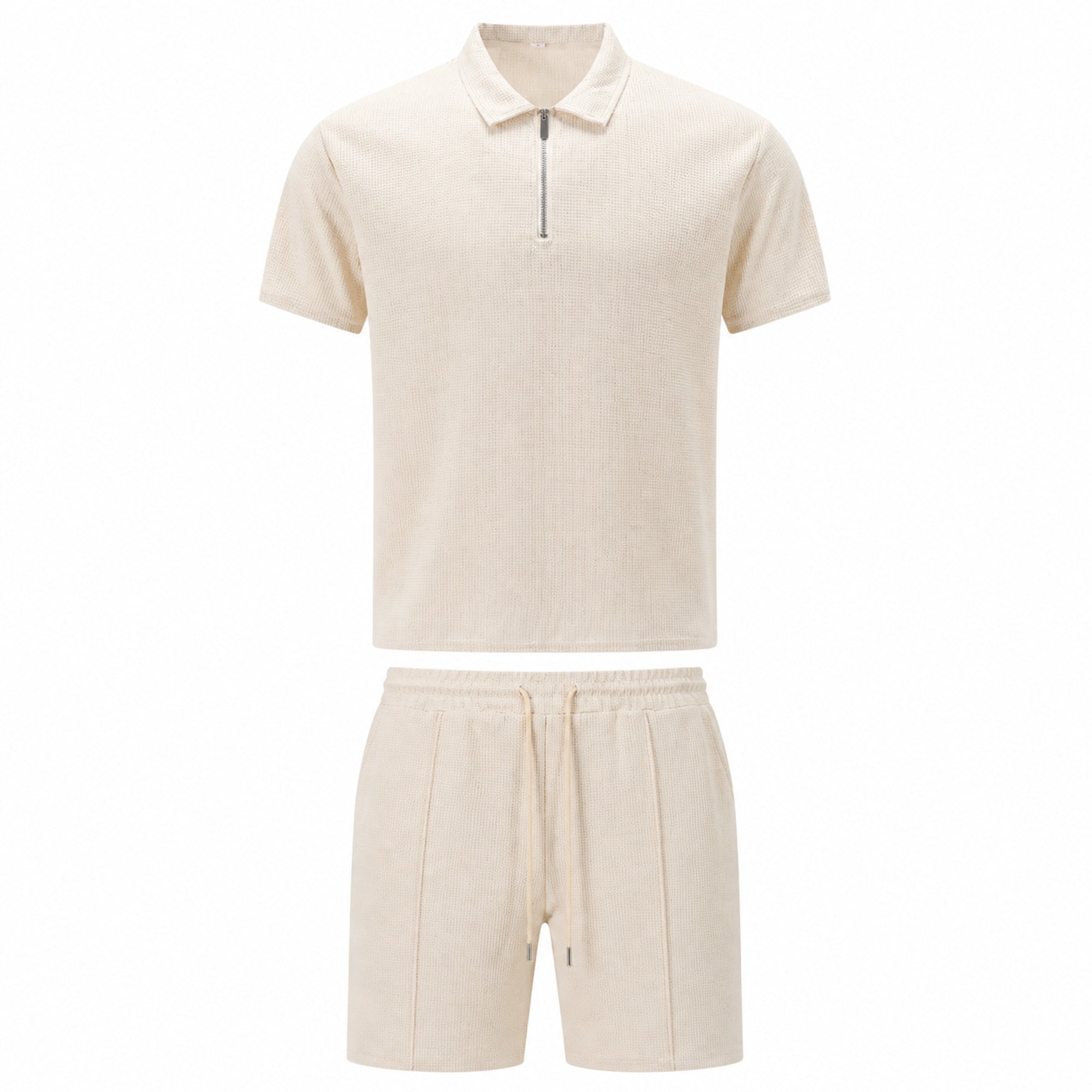 Valelian beige zip-polo and drawstring shorts set, front studio view
