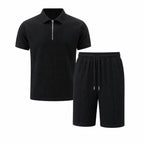 Valelian black zip-polo and drawstring shorts set, front studio view