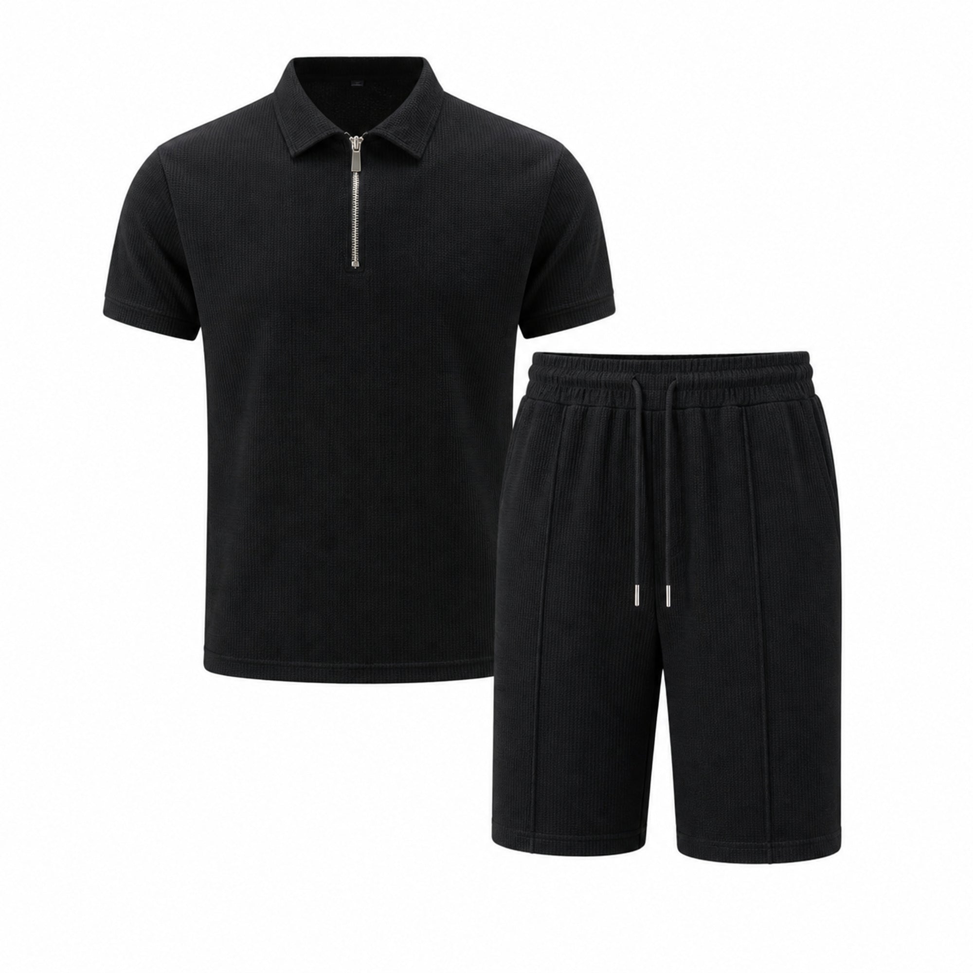 Valelian black zip-polo and drawstring shorts set, front studio view