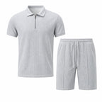 Valelian gray zip-polo and drawstring shorts set, front studio view