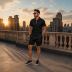 Valelian black summer set styled on a city rooftop