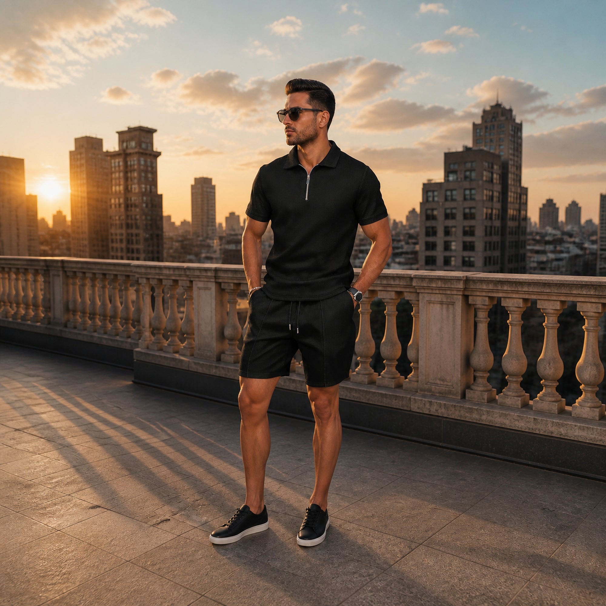 Valelian black summer set styled on a city rooftop