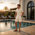 Valelian beige summer set styled beside a resort pool