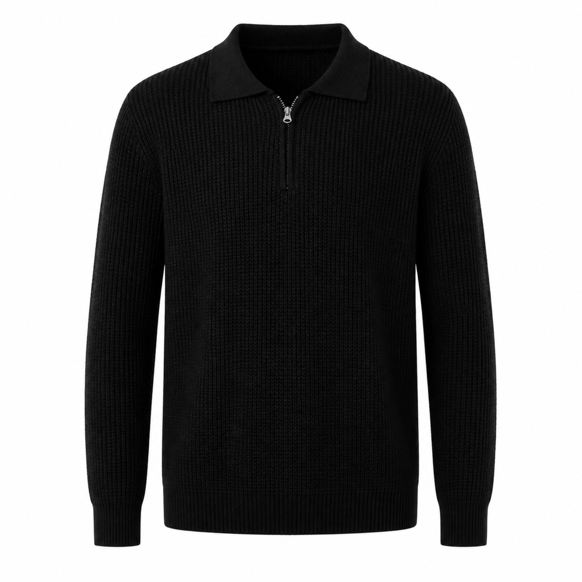 Valemont black textured cotton half-zip polo sweater on white