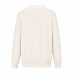 Rear view of the Valemont white textured polo sweater on white