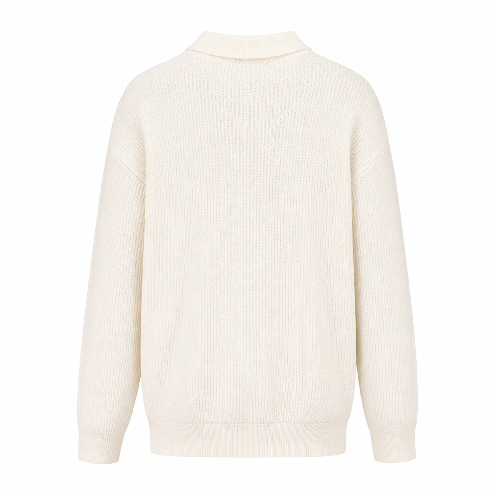 Rear view of the Valemont white textured polo sweater on white