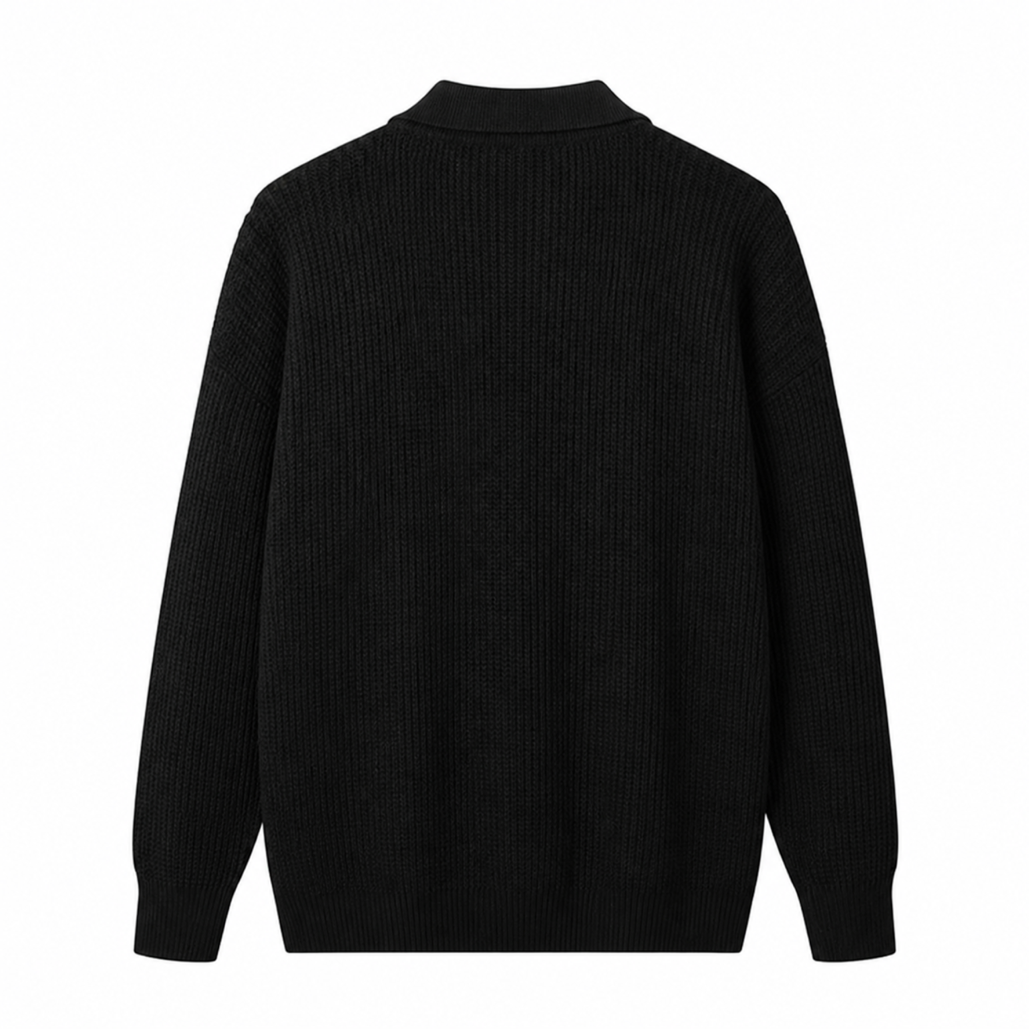 Rear view of the Valemont black textured polo sweater on white