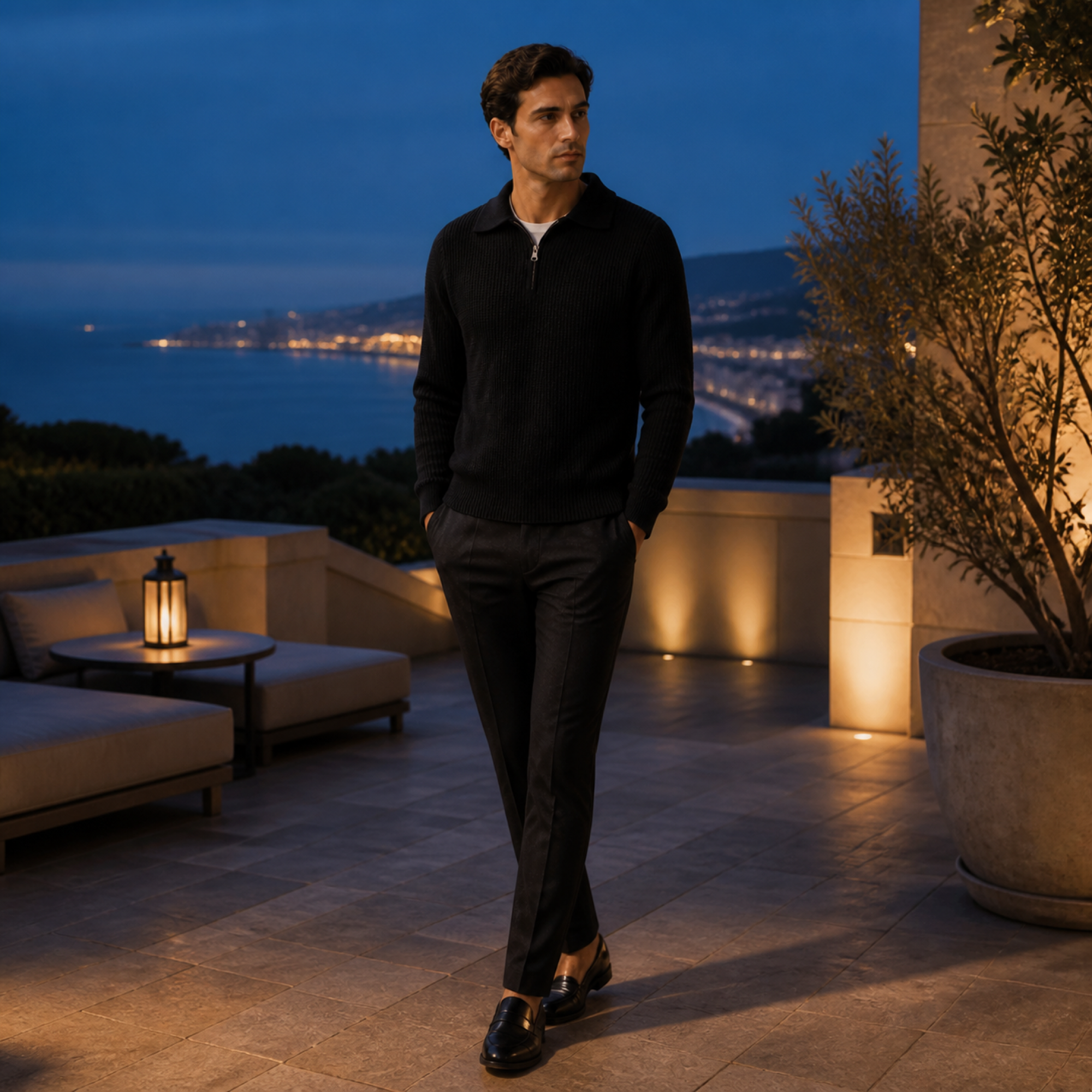Man wearing the black Valemont sweater on a coastal rooftop at blue hour